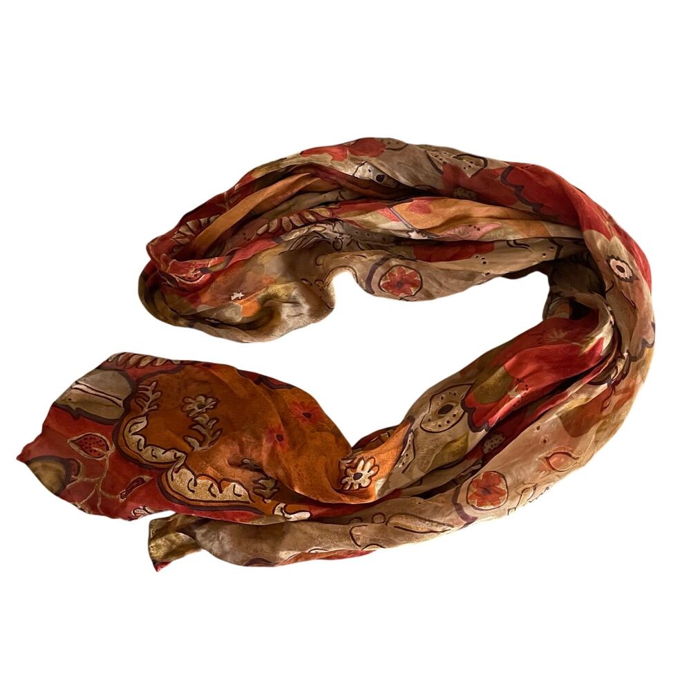 Vintage 100% Silk Scarf 13x60 Floral Rust Orange Brown Boho Long Oblong